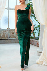 Vestidos de noche de fiesta de terciopelo verde oscuro con un solo hombro